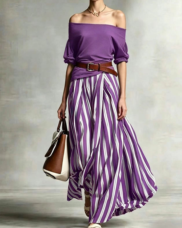 MADISON | Ensemble Jupe Maxi Rayée avec Top Off-Shoulder