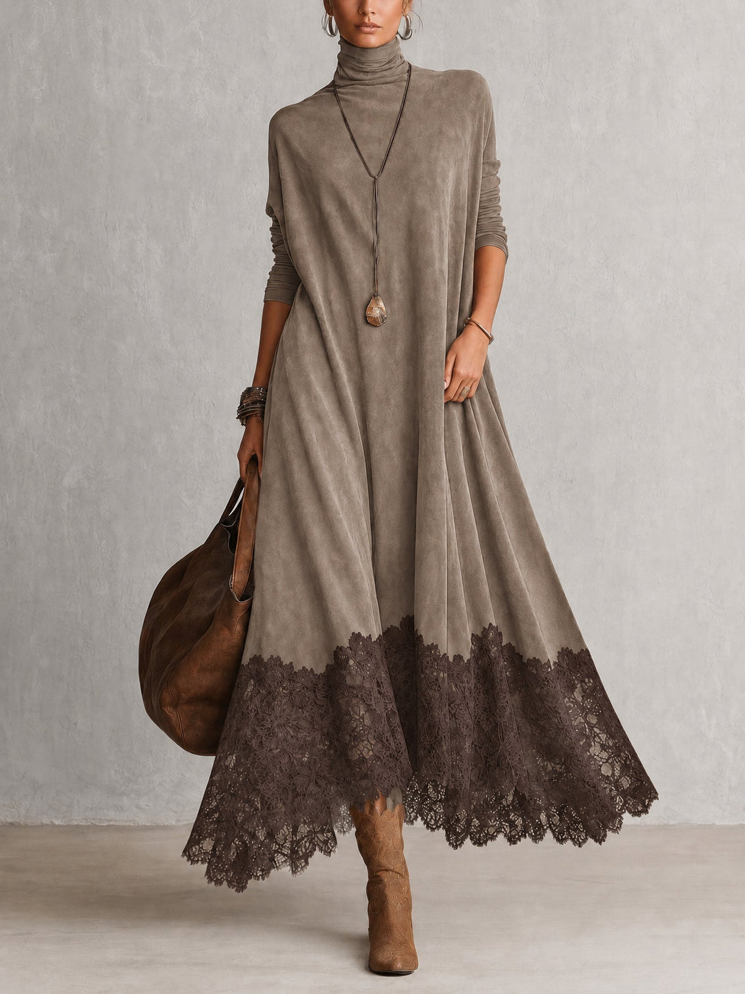 BRUNELLA | Robe Longue Effet Suédé avec Ourlet en Dentelle