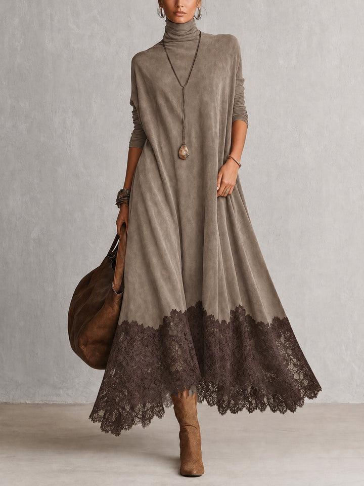 BRUNELLA | Robe Longue Effet Suédé avec Ourlet en Dentelle