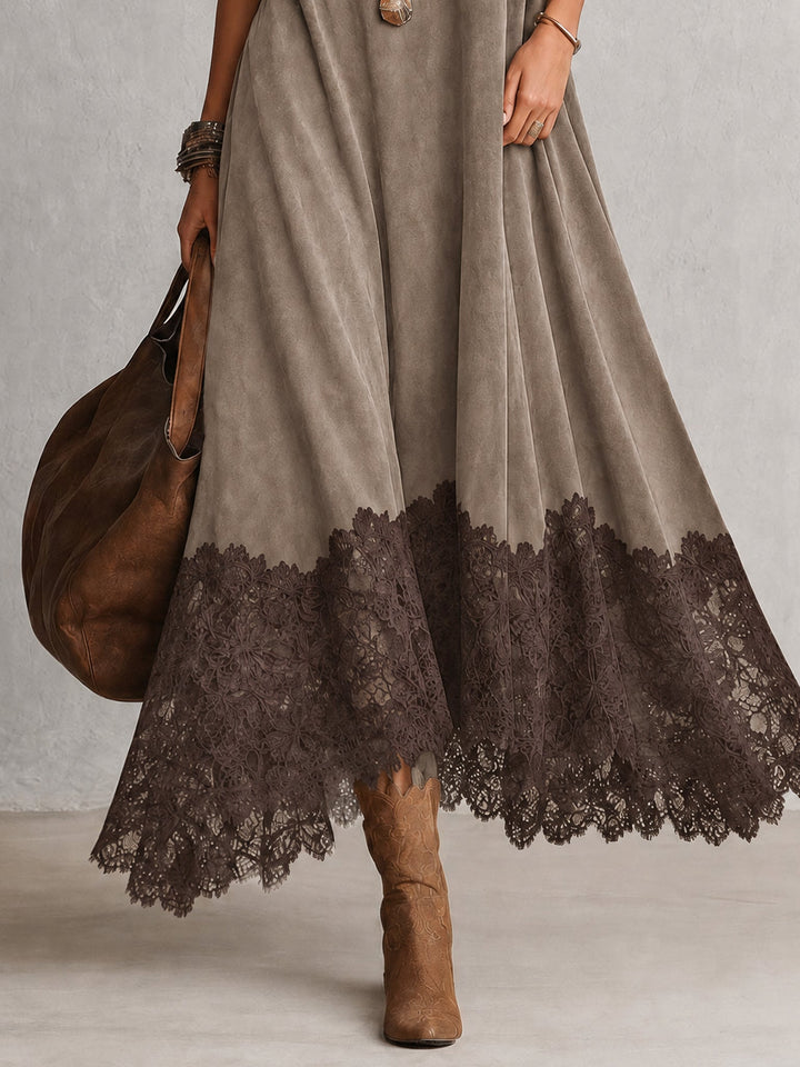BRUNELLA | Robe Longue Effet Suédé avec Ourlet en Dentelle