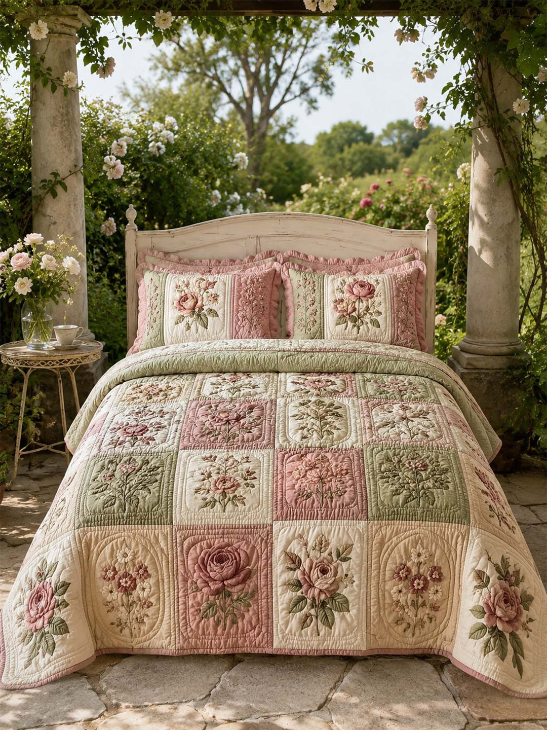 Ensemble de literie matelassé floral vintage 3 pièces