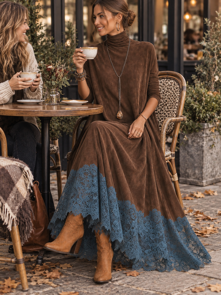 BRUNELLA | Robe Longue Effet Suédé avec Ourlet en Dentelle