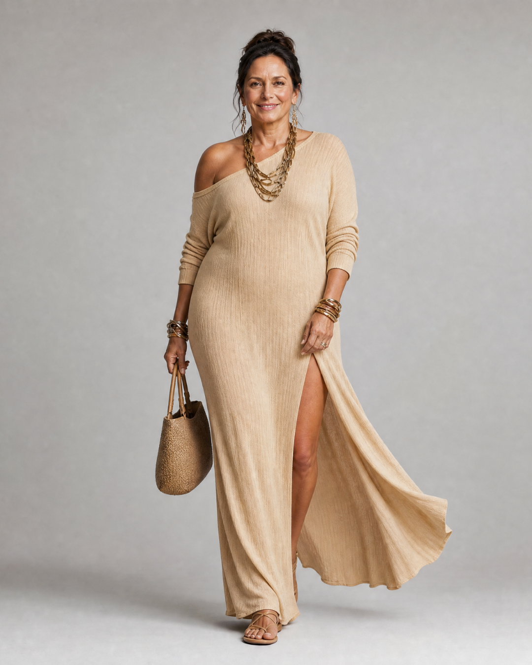 Asterelle | Robe Midi Fluide à Épaule Dénudée avec Fente Latérale