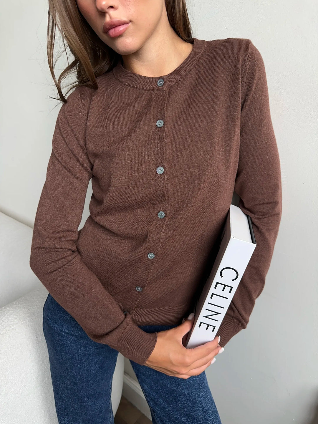 Cardigan femme boutonné — Marron — vue 7