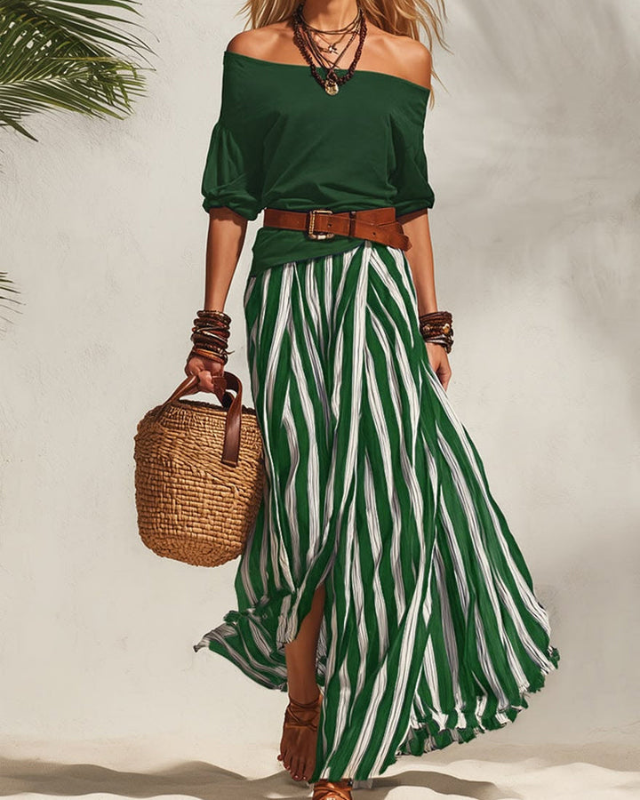 MADISON | Ensemble Jupe Maxi Rayée avec Top Off-Shoulder