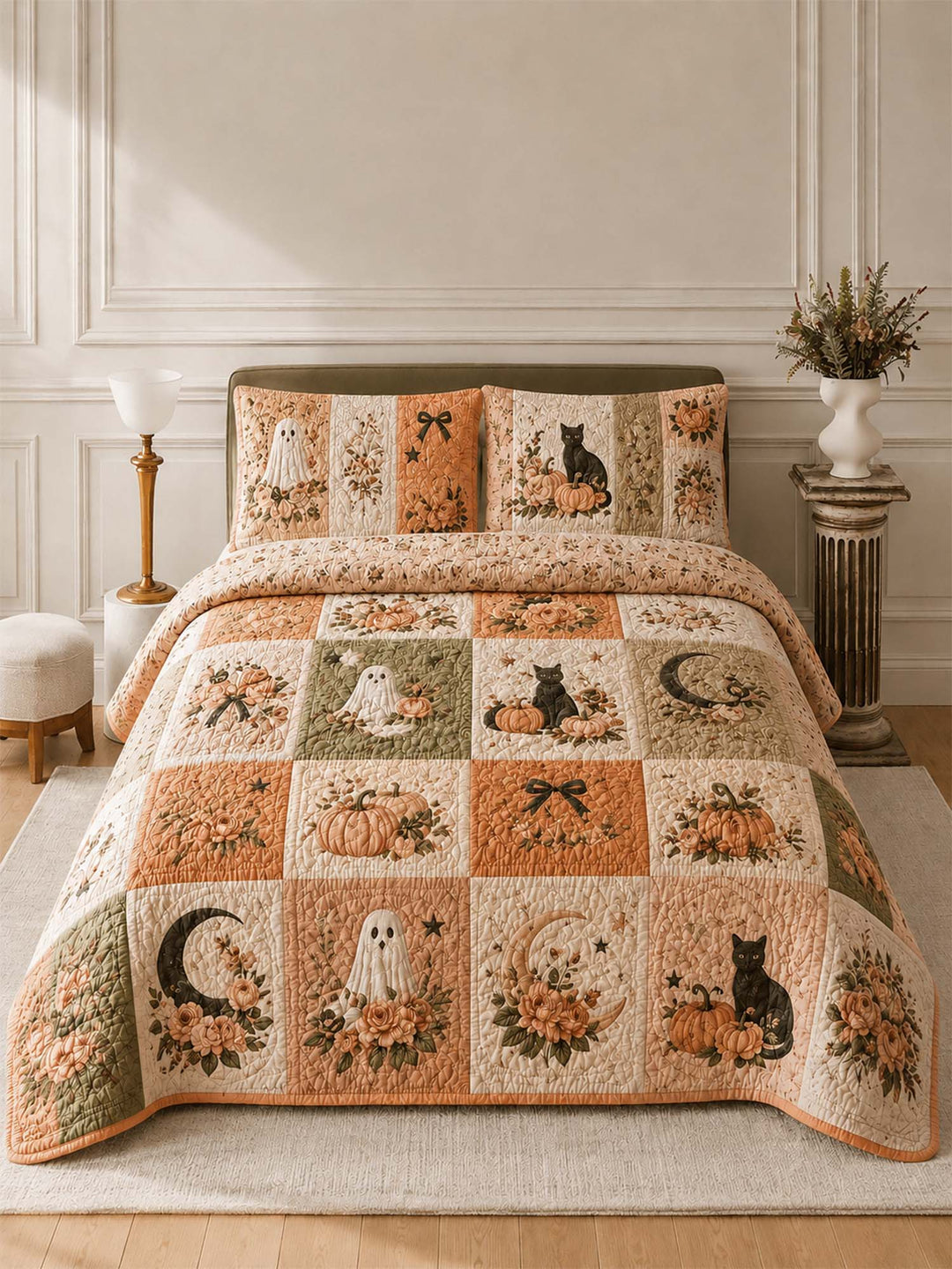 Ensemble de literie matelassé 3 pièces Chat Citrouille Fantôme de Jardin