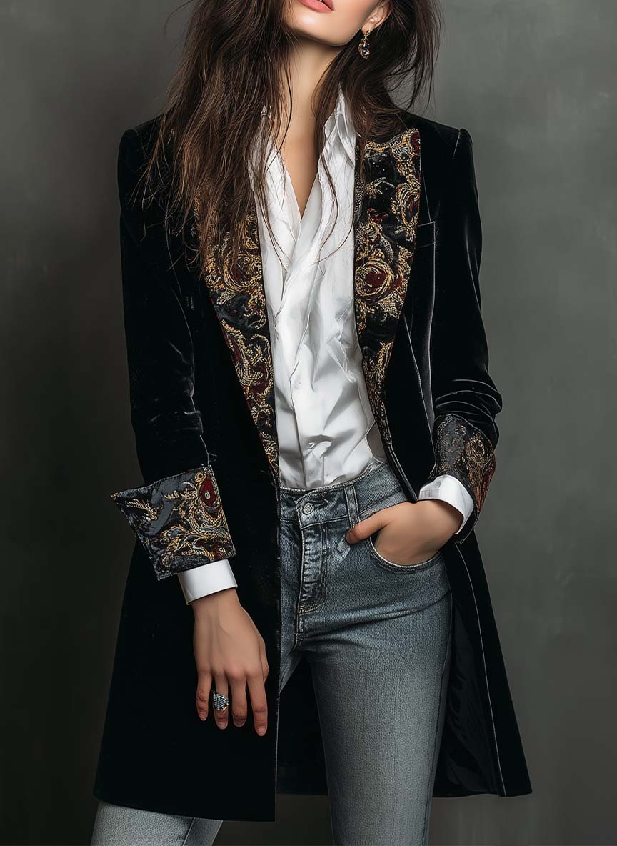 Blazer Slim Fit à Imprimé Baroque Noir pour Femmes