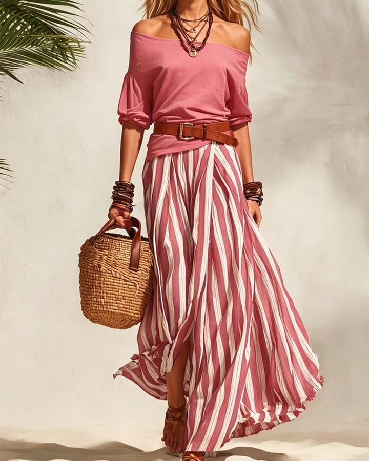 MADISON | Ensemble Jupe Maxi Rayée avec Top Off-Shoulder