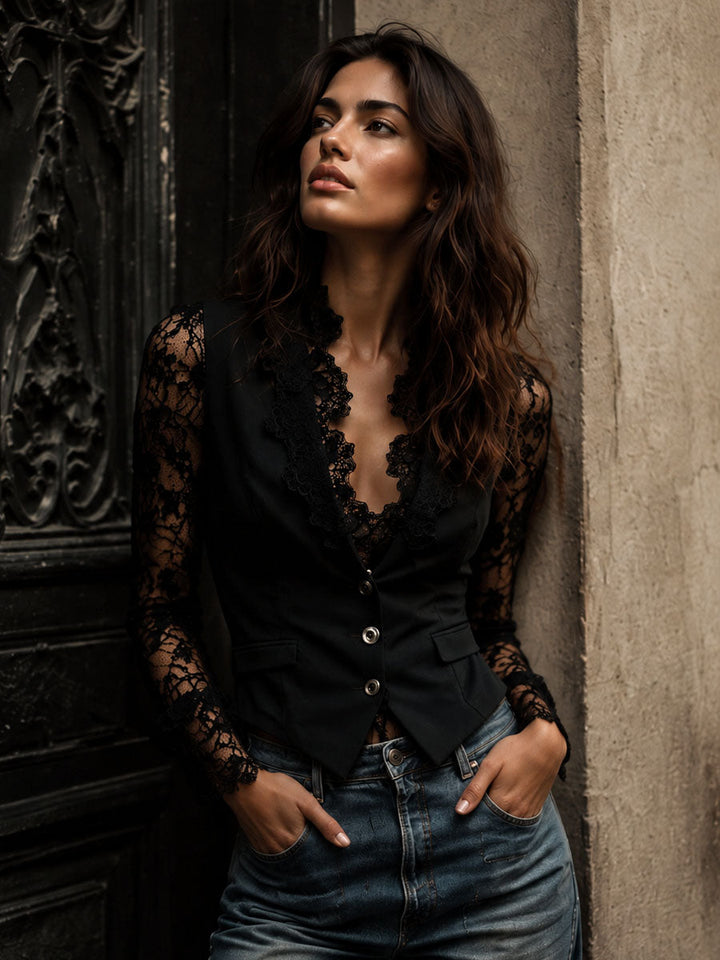 Vittoria | Blazer Noir avec Manches Semi-Transparentes