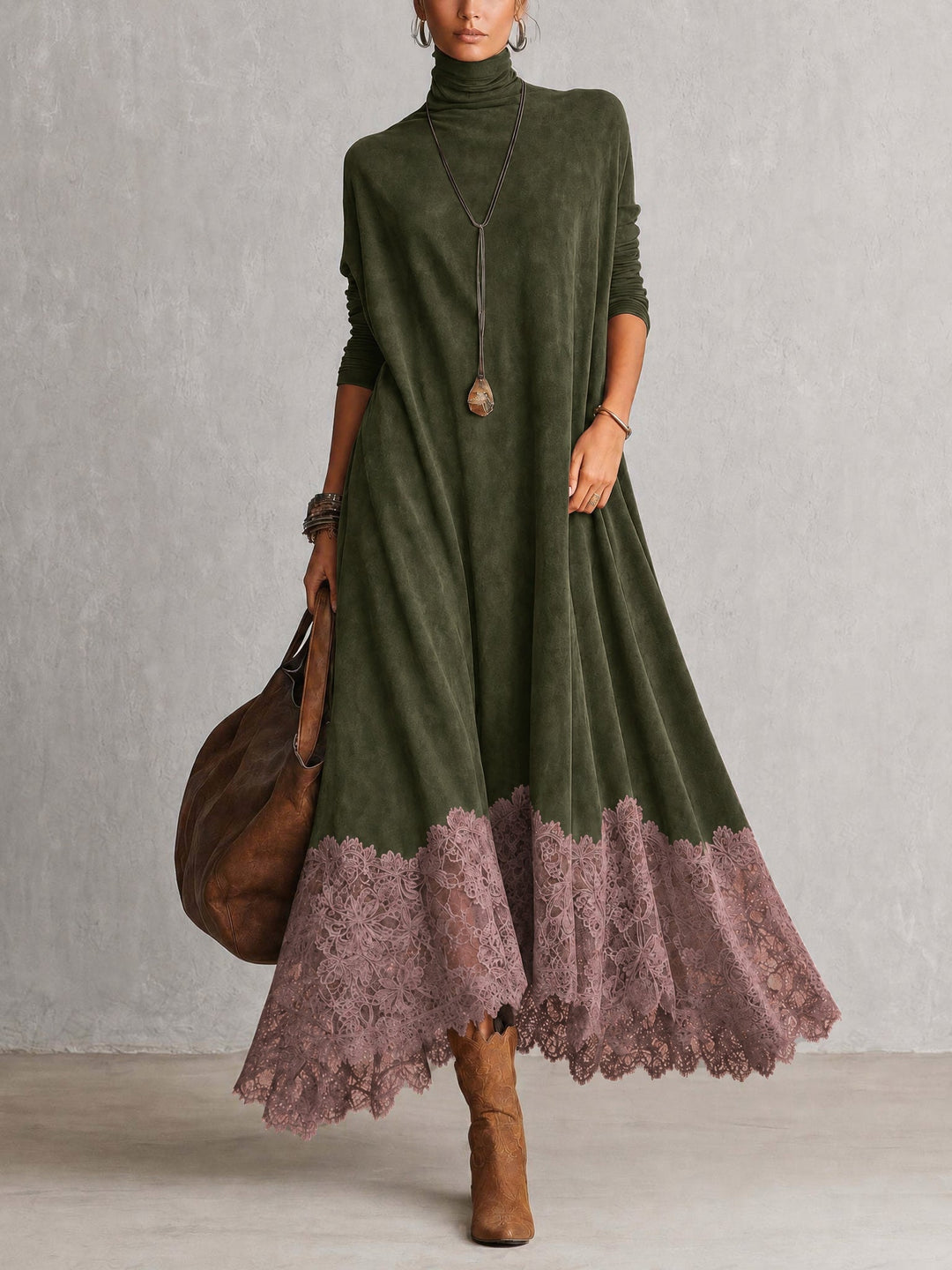 BRUNELLA | Robe Longue Effet Suédé avec Ourlet en Dentelle