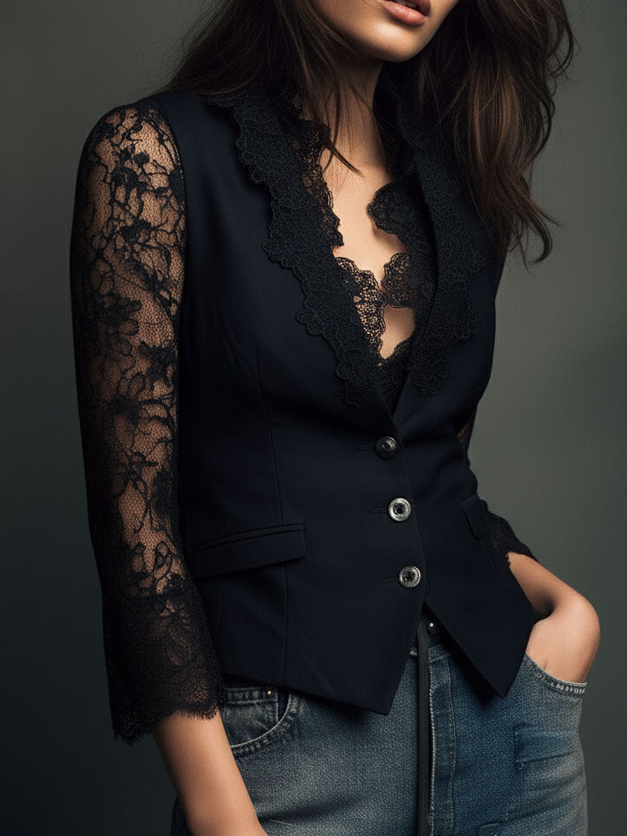 Vittoria | Blazer Noir avec Manches Semi-Transparentes