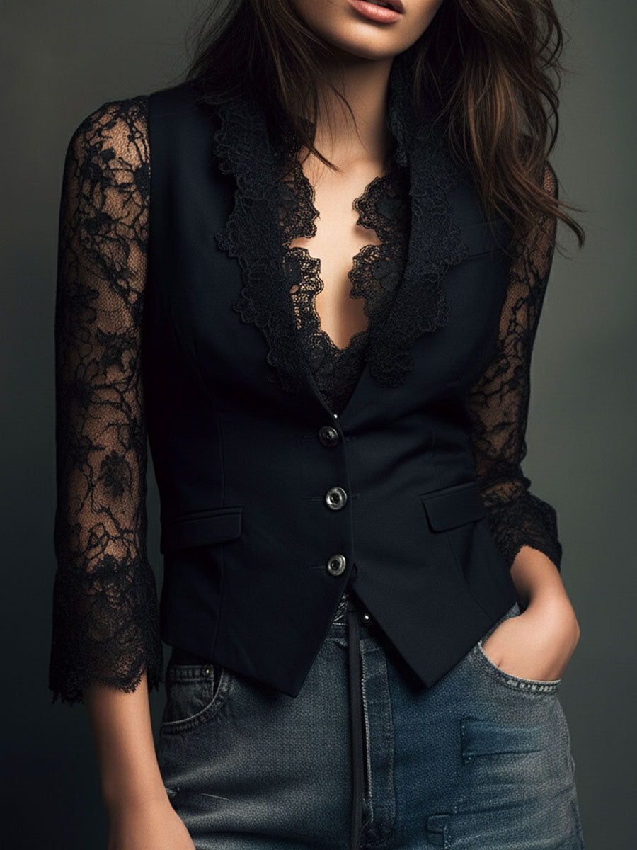Vittoria | Blazer Noir avec Manches Semi-Transparentes