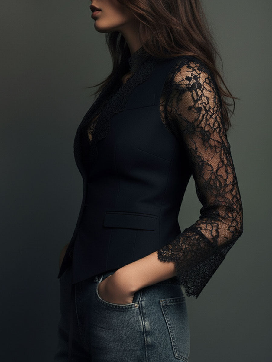 Vittoria | Blazer Noir avec Manches Semi-Transparentes