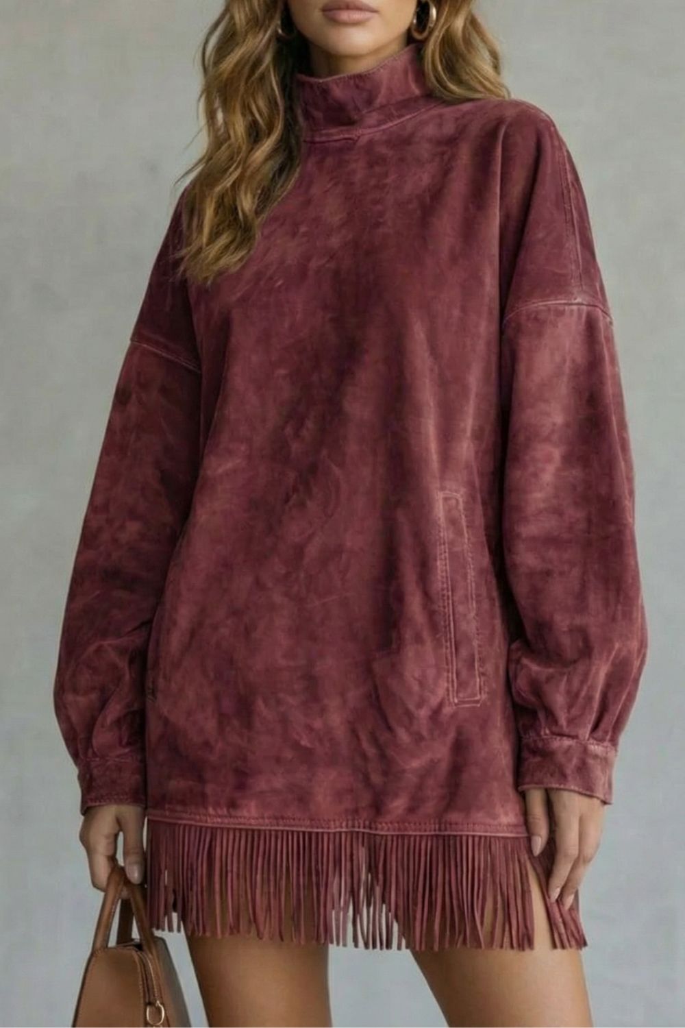 VIRETTA | DÉTAIL FRANGE EN SUÉDINE – ROBE MINI À COL ROLLED