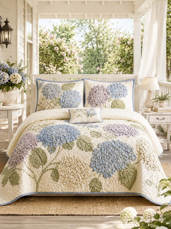 Ensemble de literie matelassé fleuri en hortensia 3 pièces