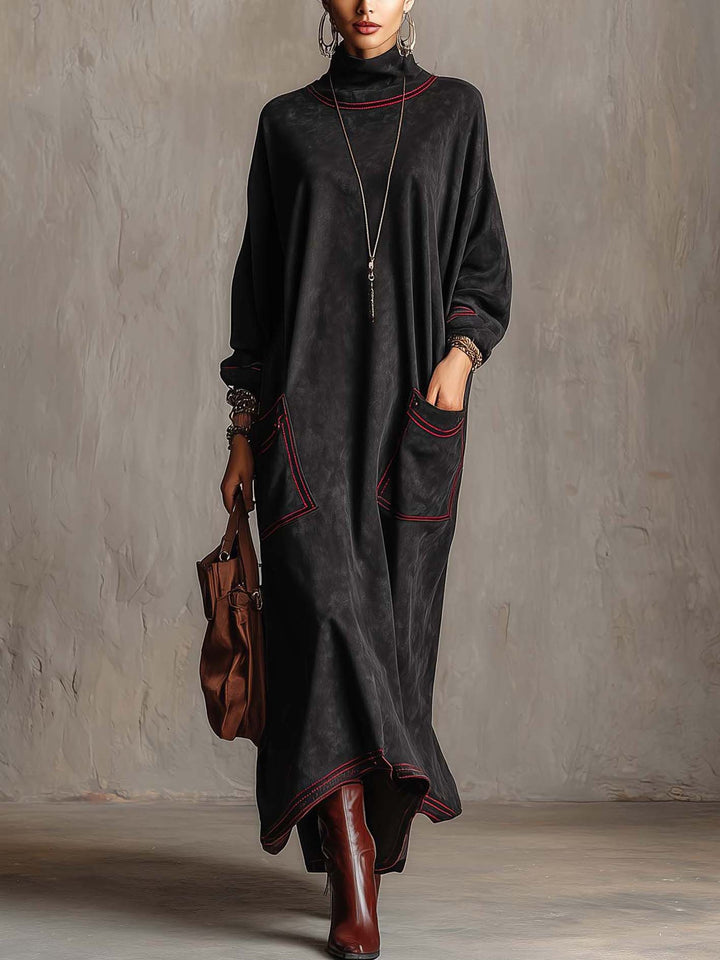 Manuela | Robe longue en daim synthétique noir avec coutures contrastantes rouges et poches plaquées