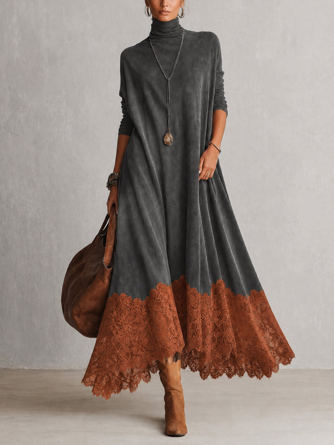 BRUNELLA | Robe Longue Effet Suédé avec Ourlet en Dentelle