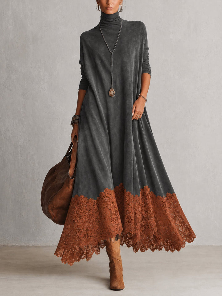 BRUNELLA | Robe Longue Effet Suédé avec Ourlet en Dentelle