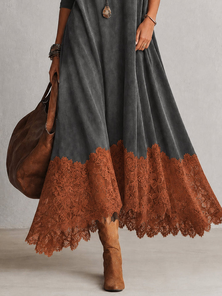 BRUNELLA | Robe Longue Effet Suédé avec Ourlet en Dentelle
