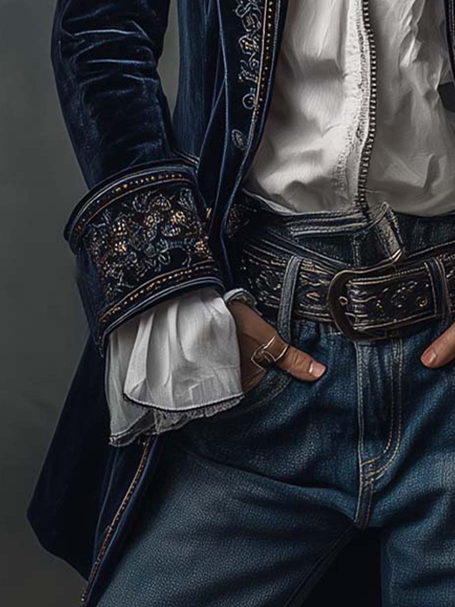 Veste Longue Vintage Brodée Marine pour Femmes
