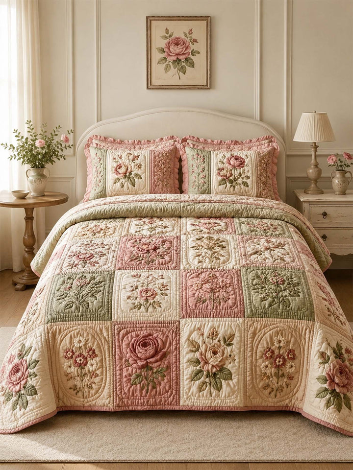 Ensemble de literie matelassé floral vintage 3 pièces