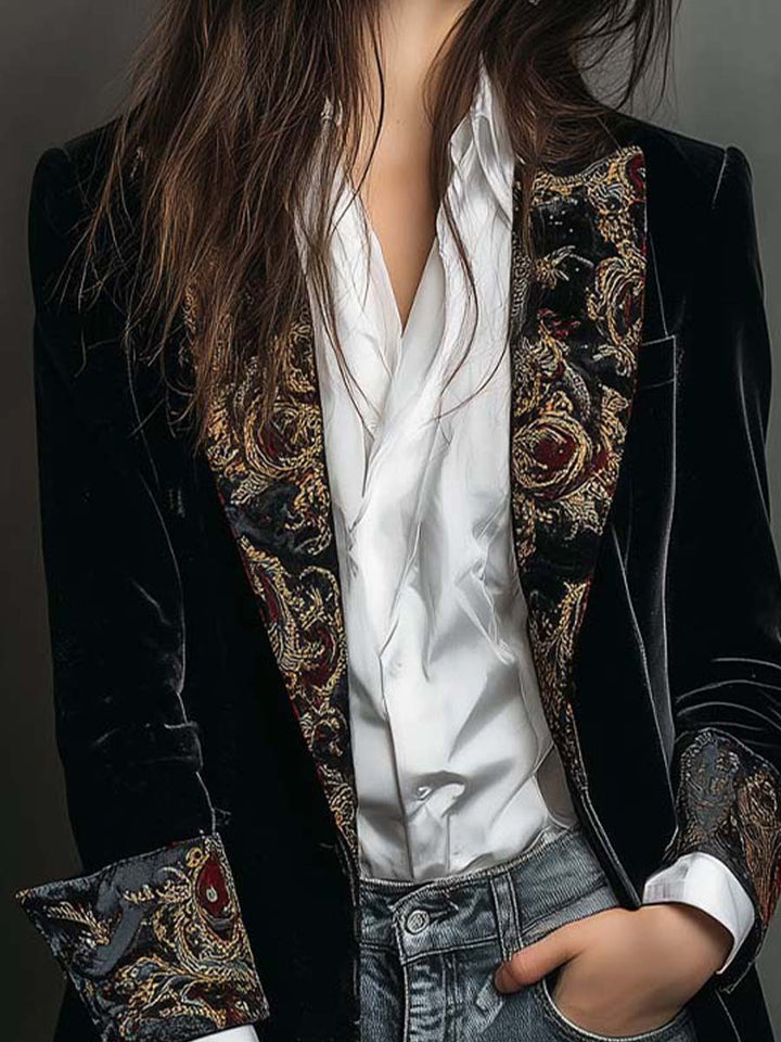 Blazer Slim Fit à Imprimé Baroque Noir pour Femmes