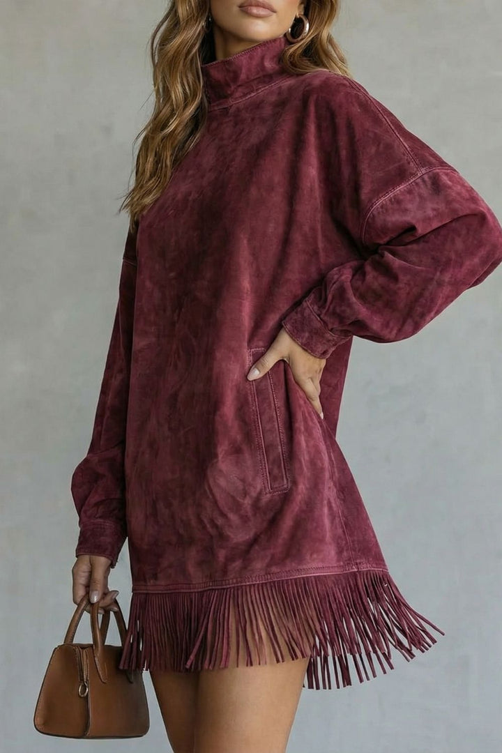 VIRETTA | DÉTAIL FRANGE EN SUÉDINE – ROBE MINI À COL ROLLED