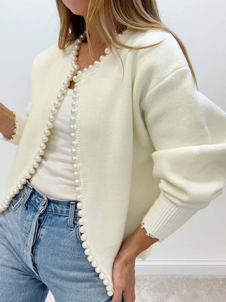 Cardigan à Ourlet Déchiré avec Détails en Perles
