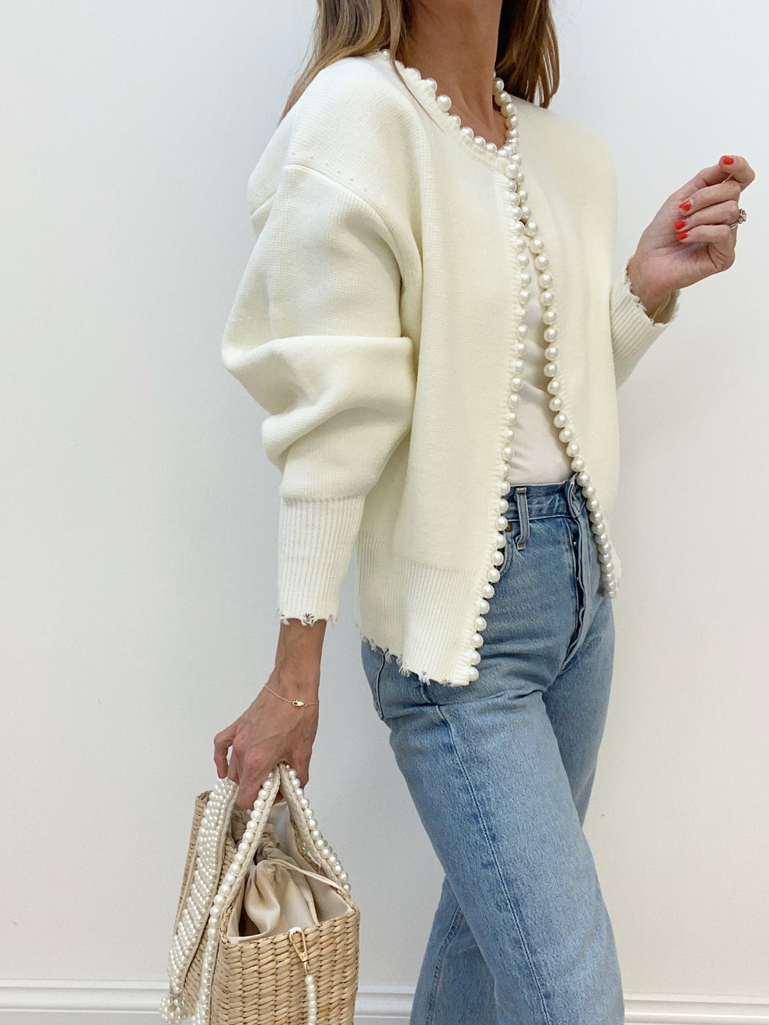 Cardigan à Ourlet Déchiré avec Détails en Perles