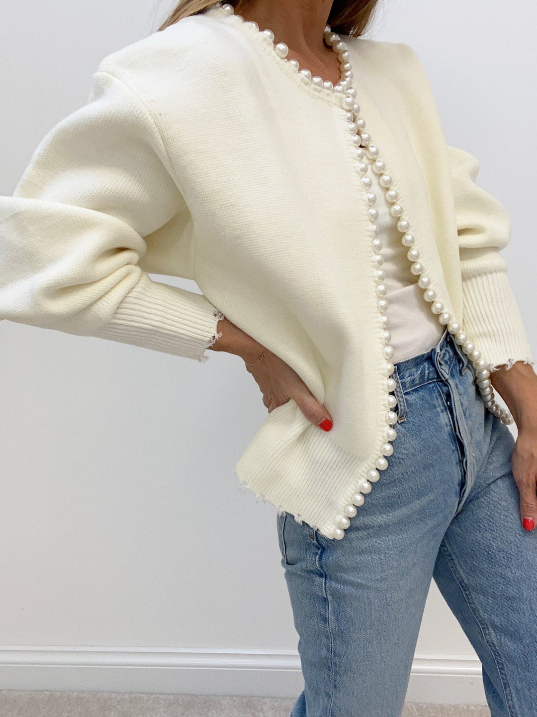 Cardigan à Ourlet Déchiré avec Détails en Perles