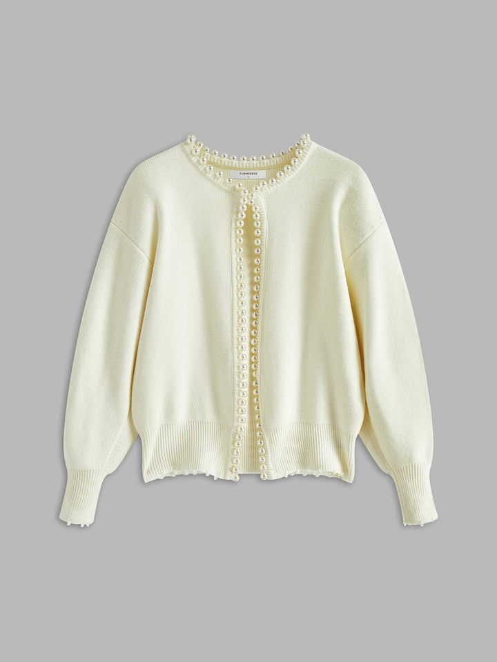 Cardigan à Ourlet Déchiré avec Détails en Perles