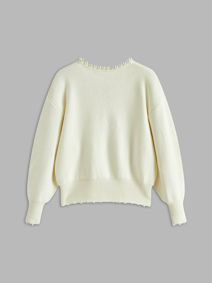 Cardigan à Ourlet Déchiré avec Détails en Perles