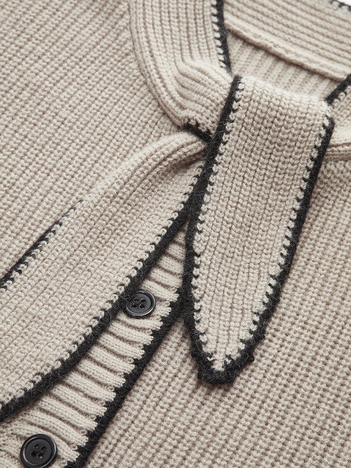 Cardigan en Laine Mélangée avec Détail Contrasté au Col