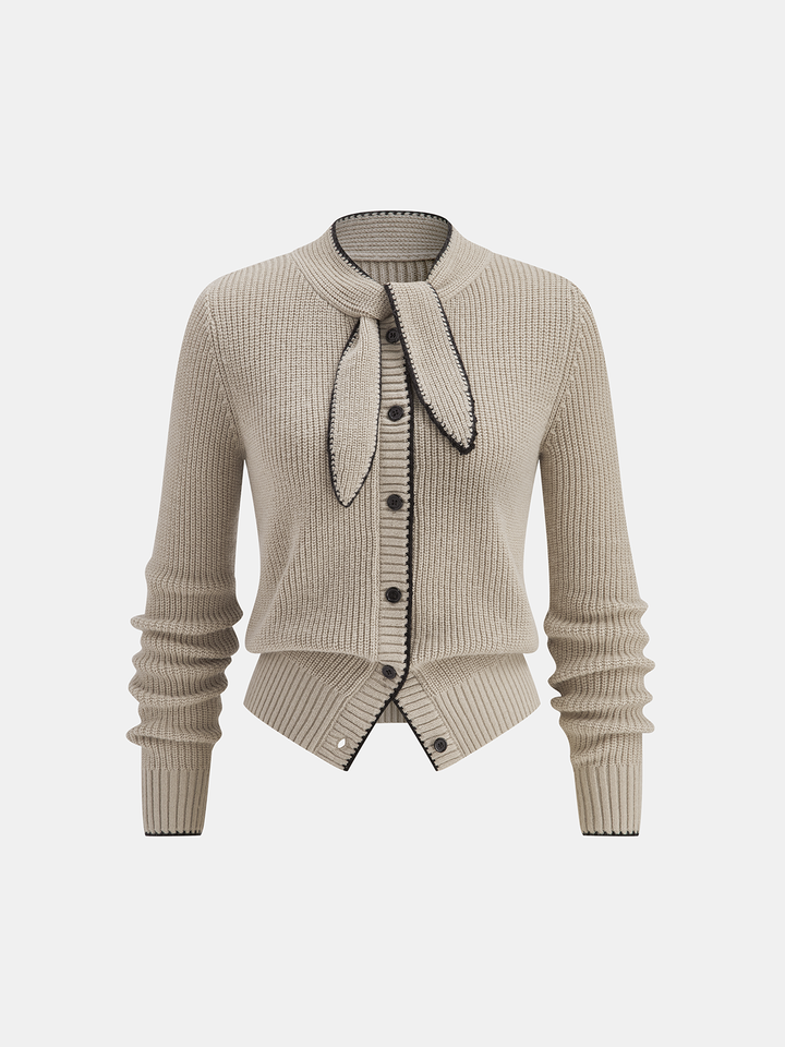 Cardigan en Laine Mélangée avec Détail Contrasté au Col