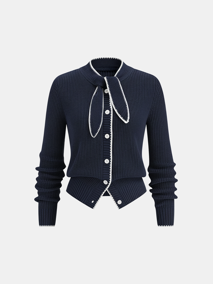 Cardigan en Laine Mélangée avec Détail Contrasté au Col