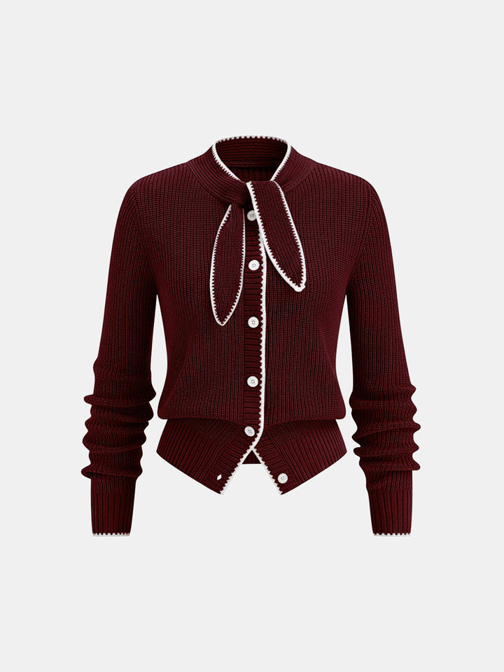 Cardigan en Laine Mélangée avec Détail Contrasté au Col