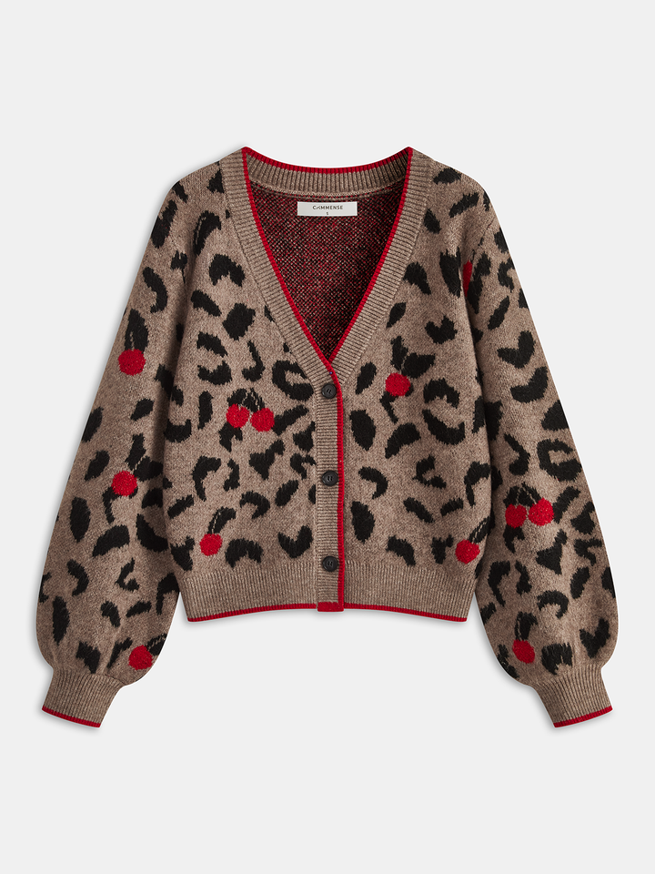 Cardigan en Tricot Imprimé Léopard Cerise