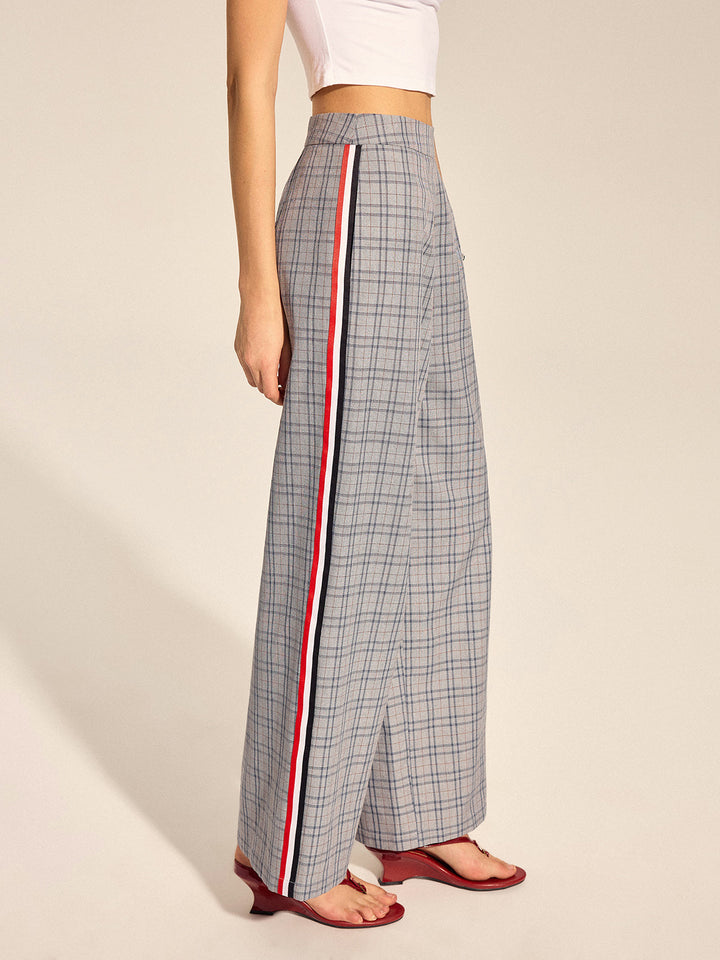 Pantalon droit à rayures latérales en tartan