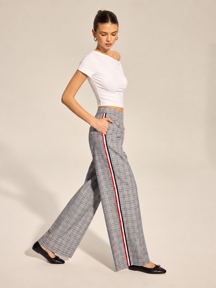 Pantalon droit à rayures latérales en tartan