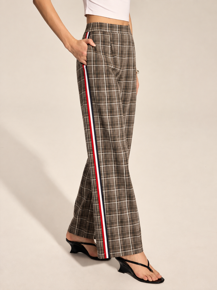 Pantalon droit à rayures latérales en tartan