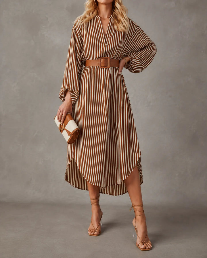 Sienna | Robe Chemise Midi Rayée avec Ceinture