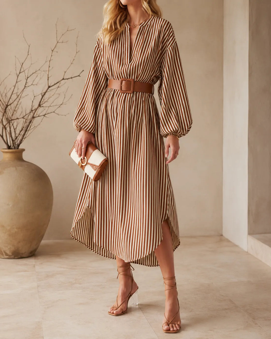 Sienna | Robe Chemise Midi Rayée avec Ceinture