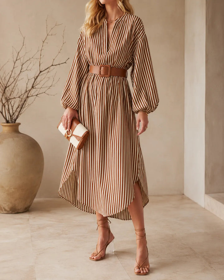 Sienna | Robe Chemise Midi Rayée avec Ceinture