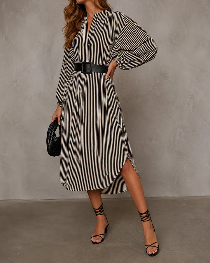 Sienna | Robe Chemise Midi Rayée avec Ceinture
