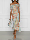 Vittoria - Robe Midi Sirène Sans Manches avec Épaules Dégagées et Motif Floral Bleu