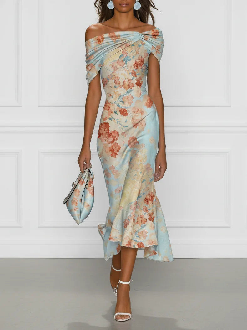 Vittoria - Robe Midi Sirène Sans Manches avec Épaules Dégagées et Motif Floral Bleu