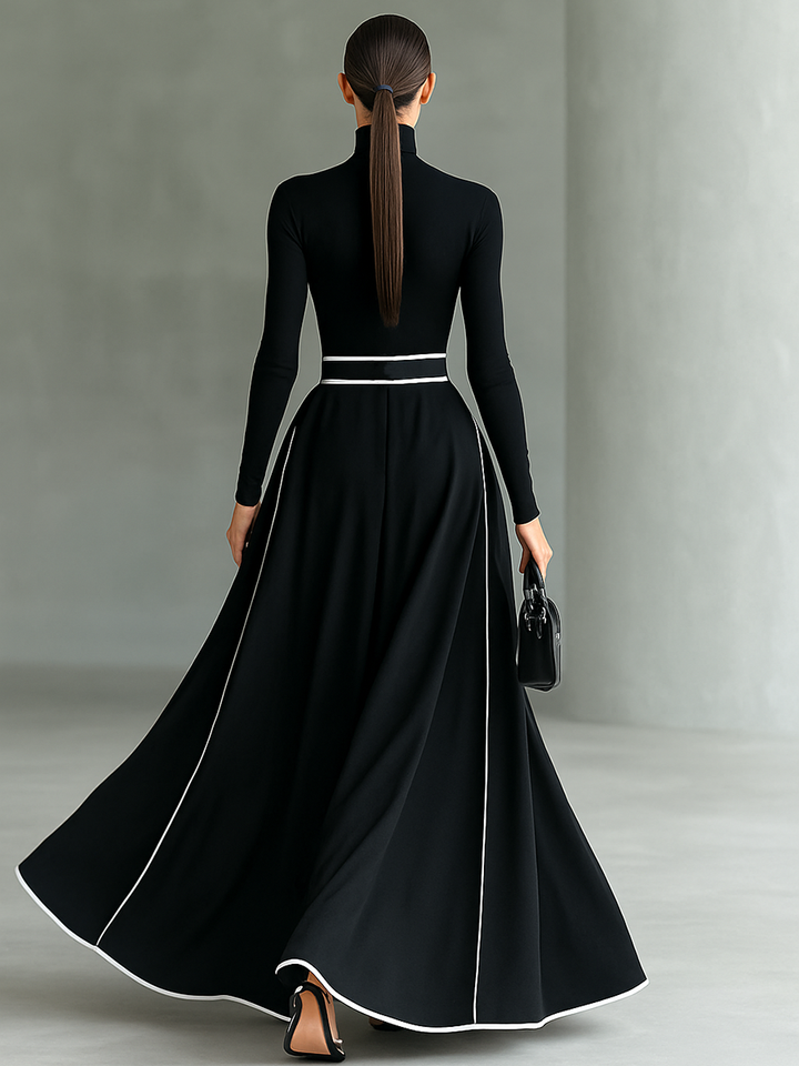 Gina – Robe Maxi Femme Noire avec Coutures Blanches et Col Montant, Manches Longues, Taille Cintrée