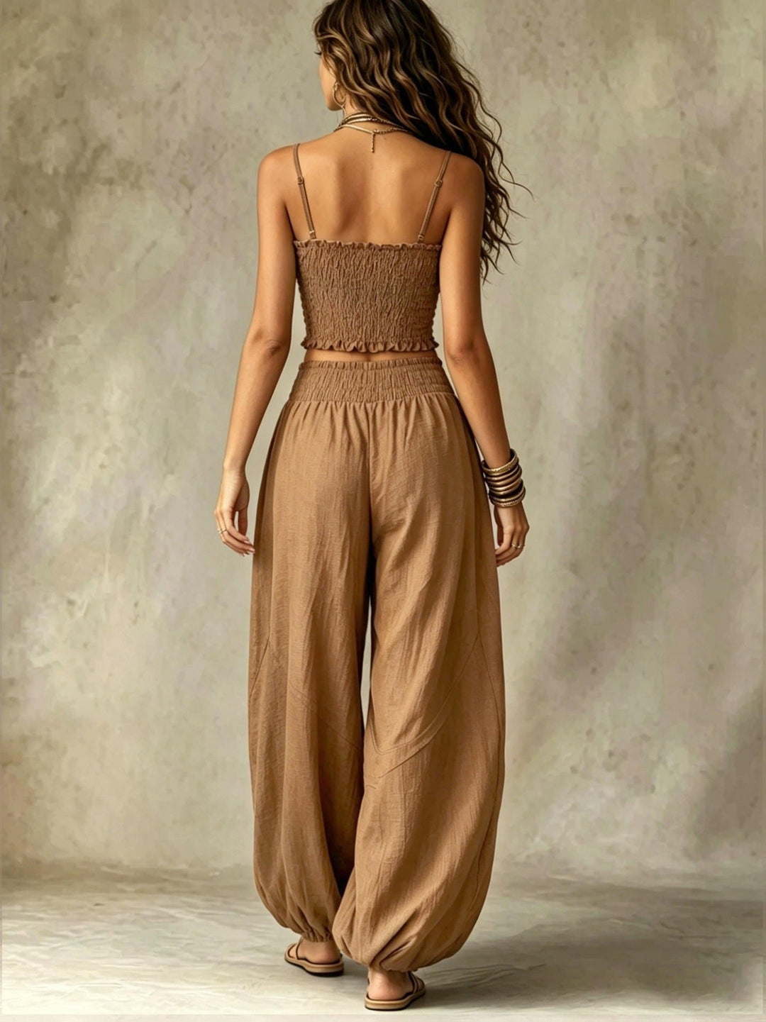 Ensemble de Pantalon Large à Taille Haute avec Top Court Smocké