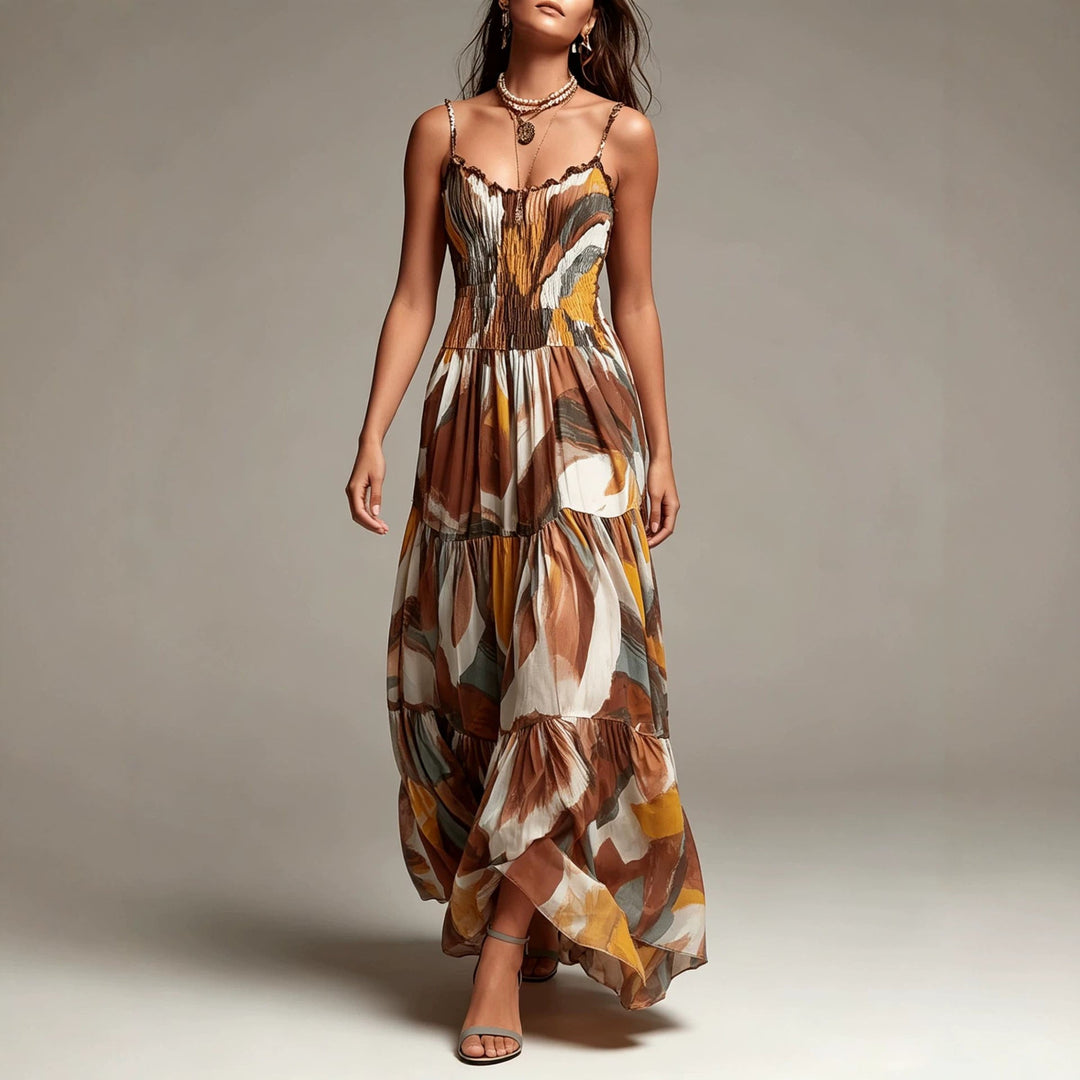 Robe Maxi à Volants Imprimée Abstraite