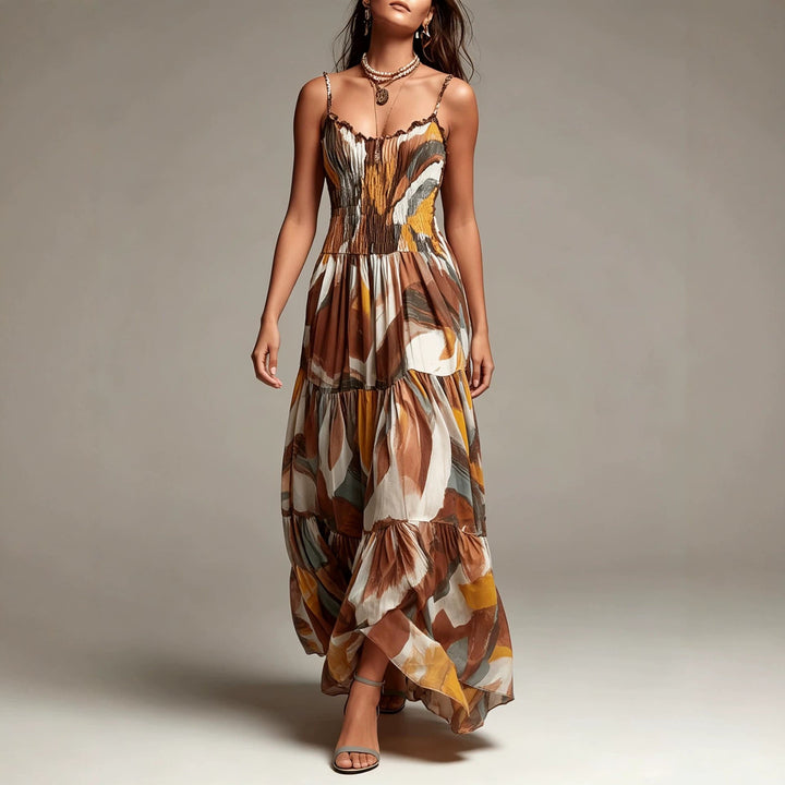Robe Maxi à Volants Imprimée Abstraite